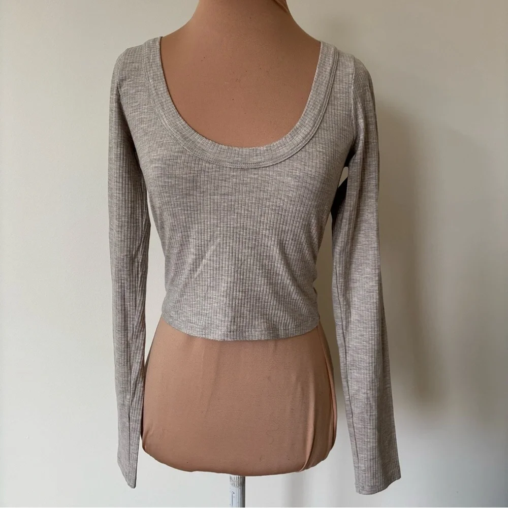 Reformation Paige Marble Gray Scoop Neck Ribbed Crop Top Long Sleeve Tee EUC S